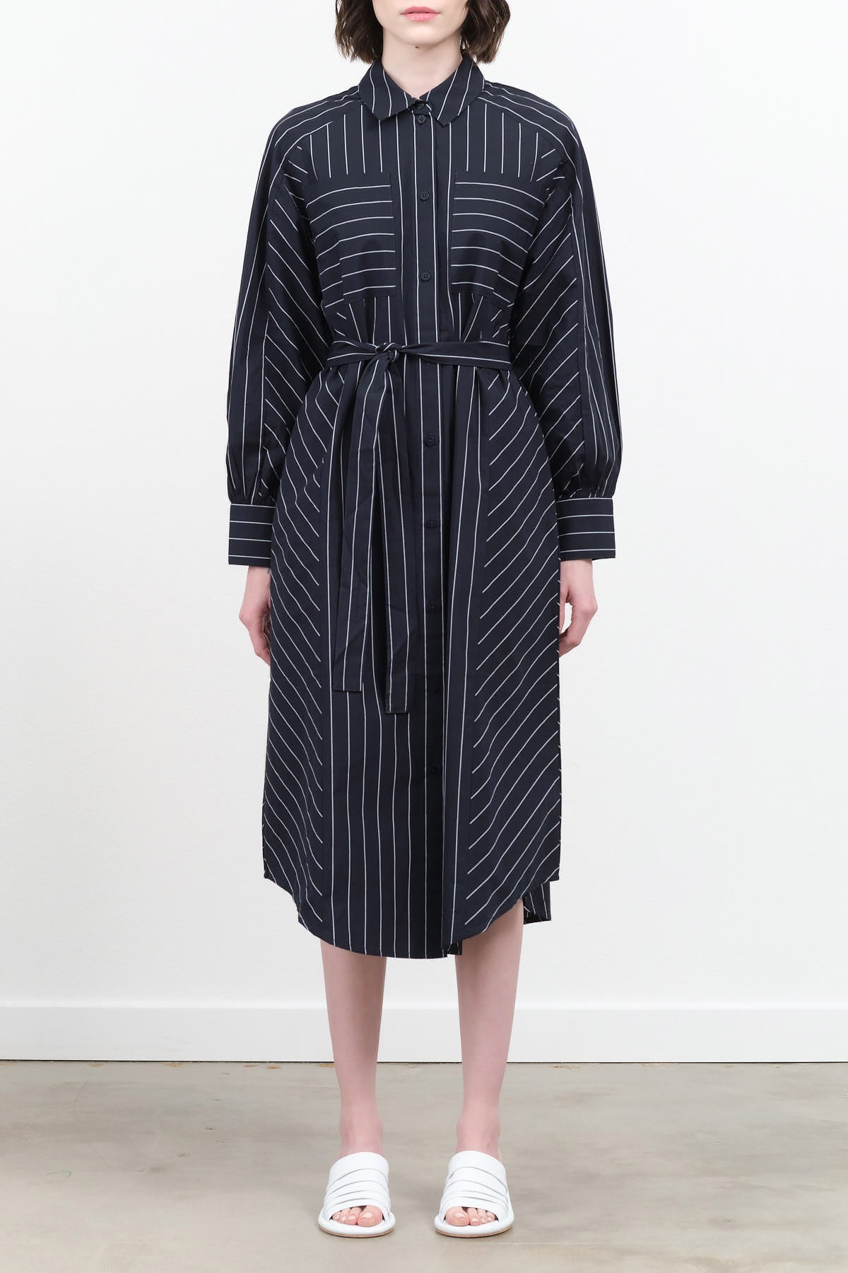 Yves Shirt Dress by Kowtow in Navy Pinstripe