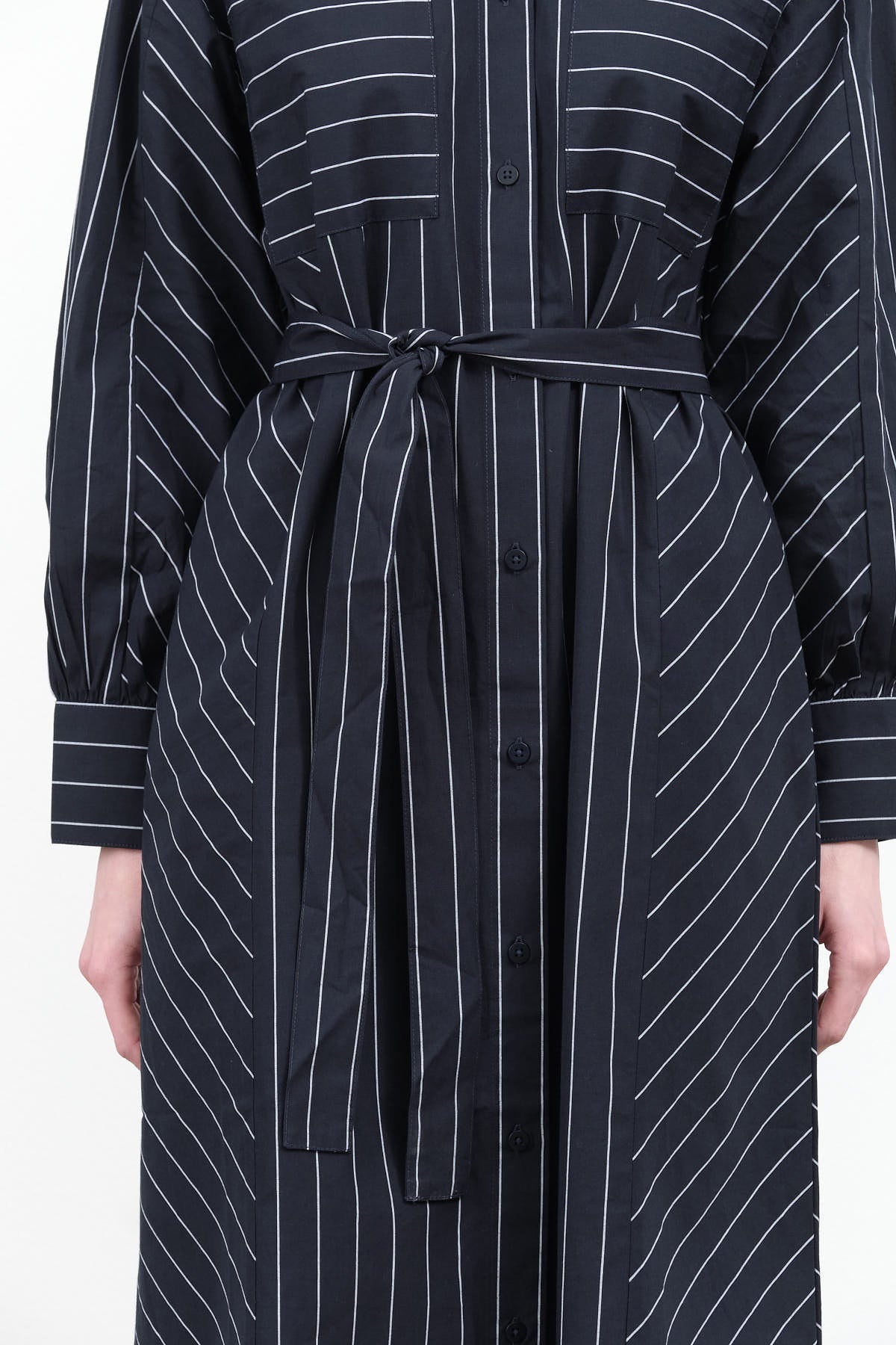 Yves Button Up Shirt Dress with Matching Tie Belt in Navy Pinstripe by Kowtow