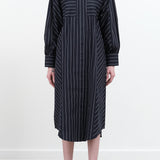 Yves Navy Pinstripe Long Shirt Dress by Kowtow with Curved Hem and Collar