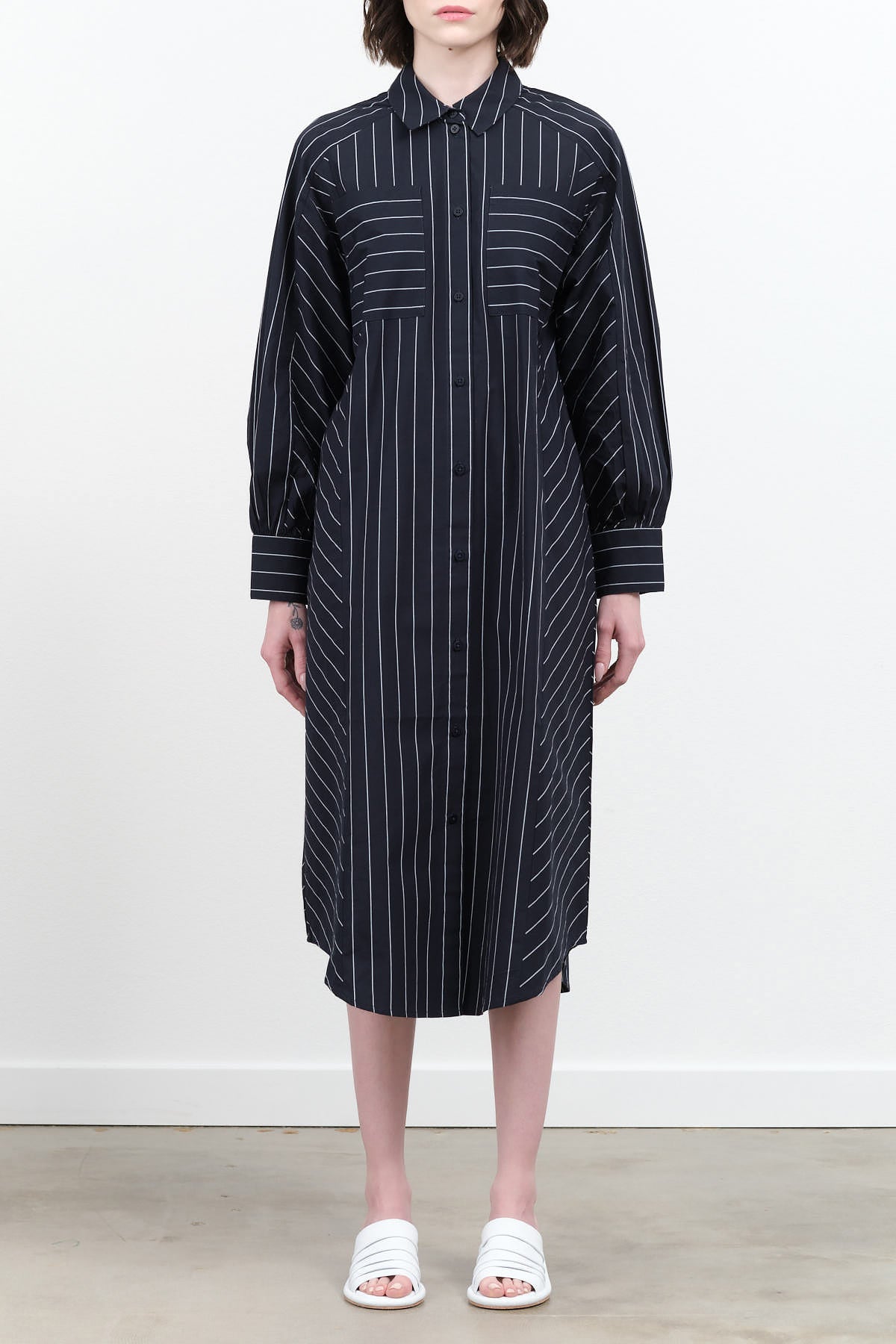 Yves Navy Pinstripe Long Shirt Dress by Kowtow with Curved Hem and Collar