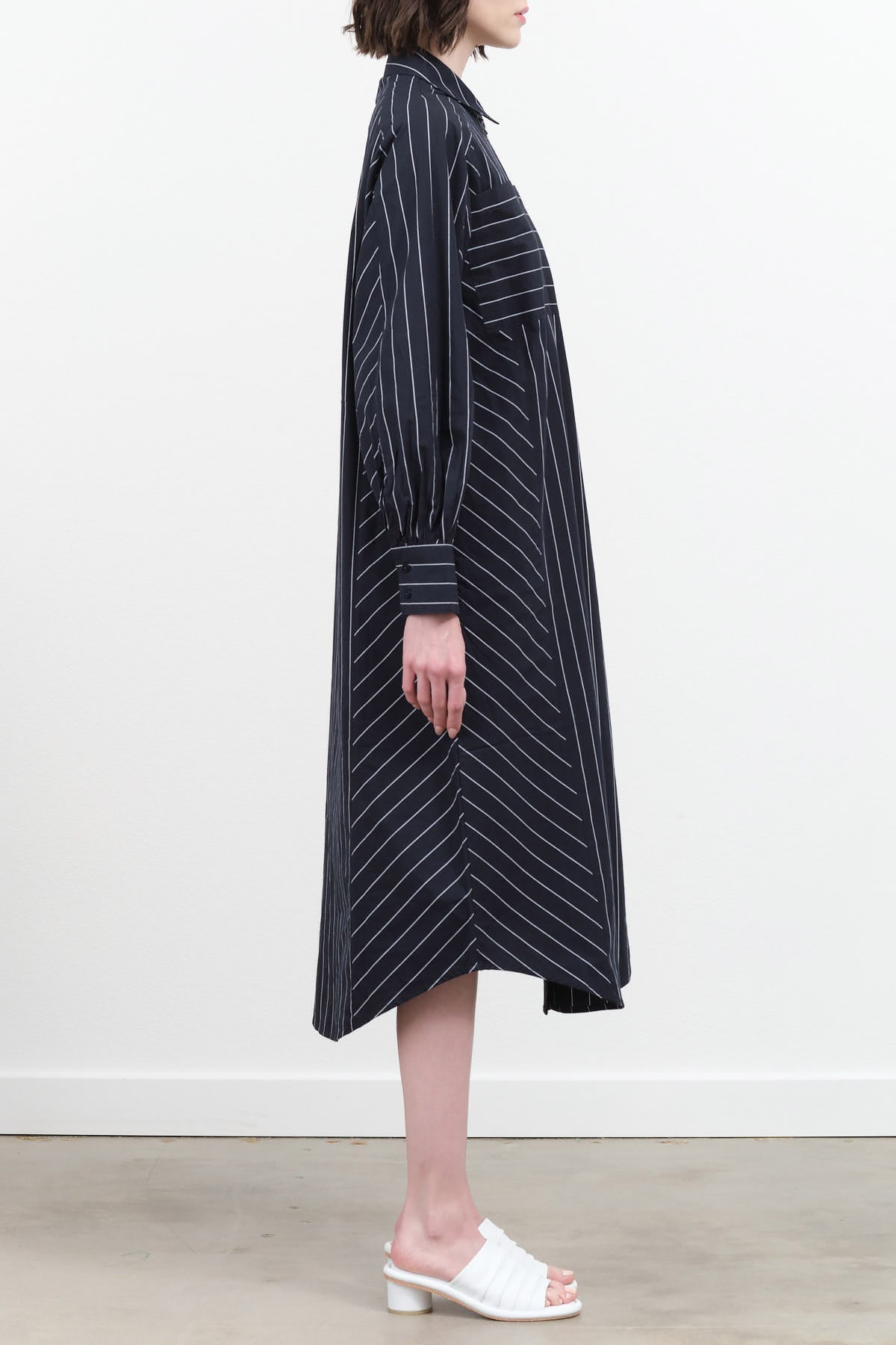 Midi Yves Shirt Dress Long Sleeve by Kowtow in Dark Navy Pinstripe