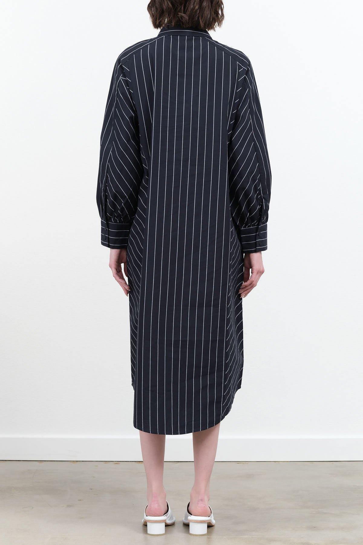 Midi Yves Shirt Dress by Kowtow with Cuffed Button Long Sleeves in Navy Pinstripe 