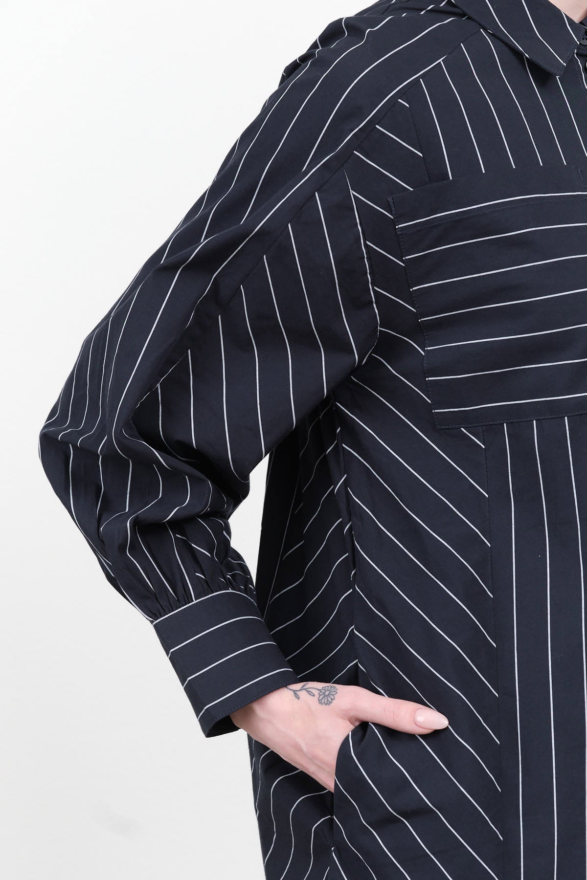 Kowtow Yves Shirt Dress with Long Sleeves and Pockets in Navy Pinstripe