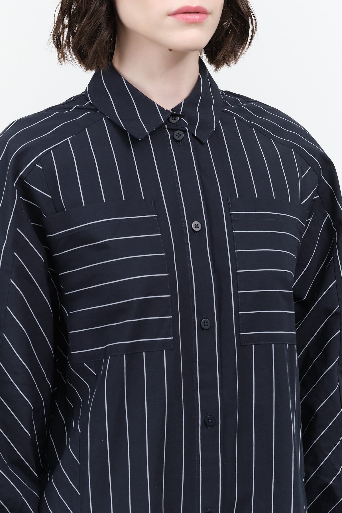 Navy Pinstripe Yves Shirt Dress by Kowtow