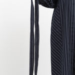 Kowtow Yves Shirt Dress in Navy Pinstripe with Fully Removable Matching Belt and Long Sleeves