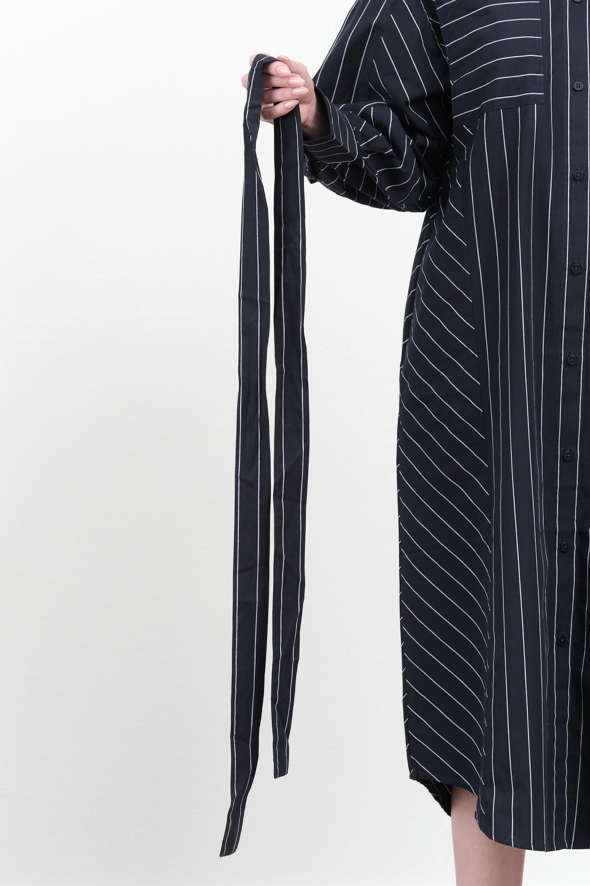 Kowtow Yves Shirt Dress in Navy Pinstripe with Fully Removable Matching Belt and Long Sleeves