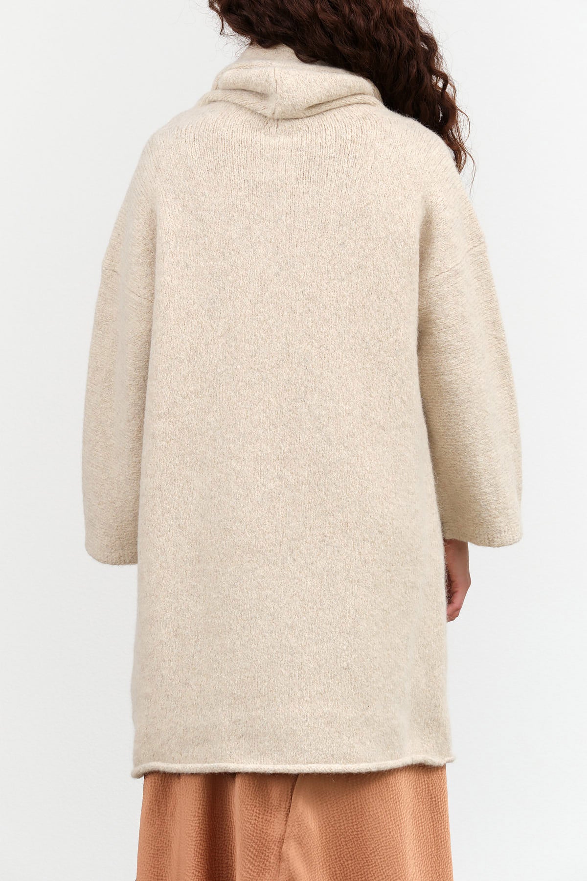 Ecru Cream Long Cardigan Capote Coat with Hood and Pockets by Lauren Manoogian Designer Brand