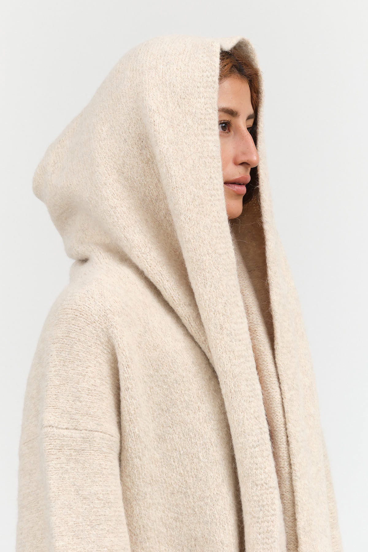 Lauren Manoogian Designer Brand Hooded Long Cardigan Capote Coat with Pockets in Ecru Cream White