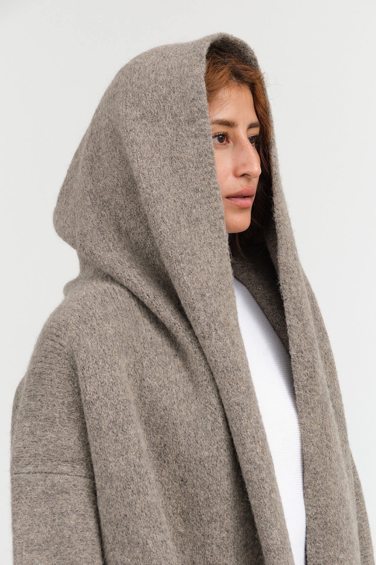 Lauren Manoogian Designer Brand Hooded Long Cardigan Capote Coat with Pockets in Rock Gray Tan