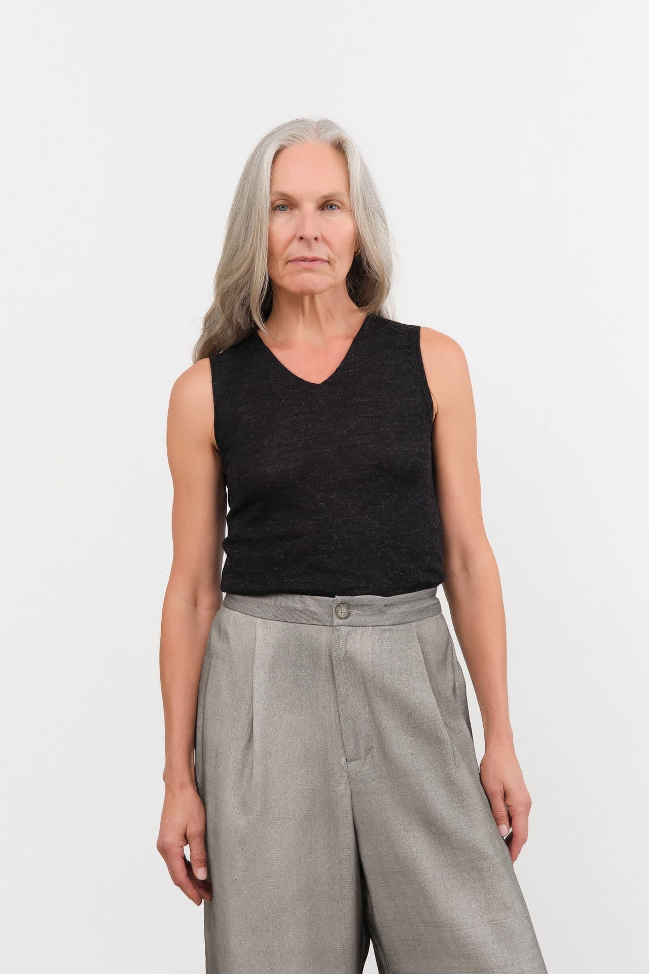Lauren Manoogian Apparel Womens Sweaters Fine High V Shell in Black Melange