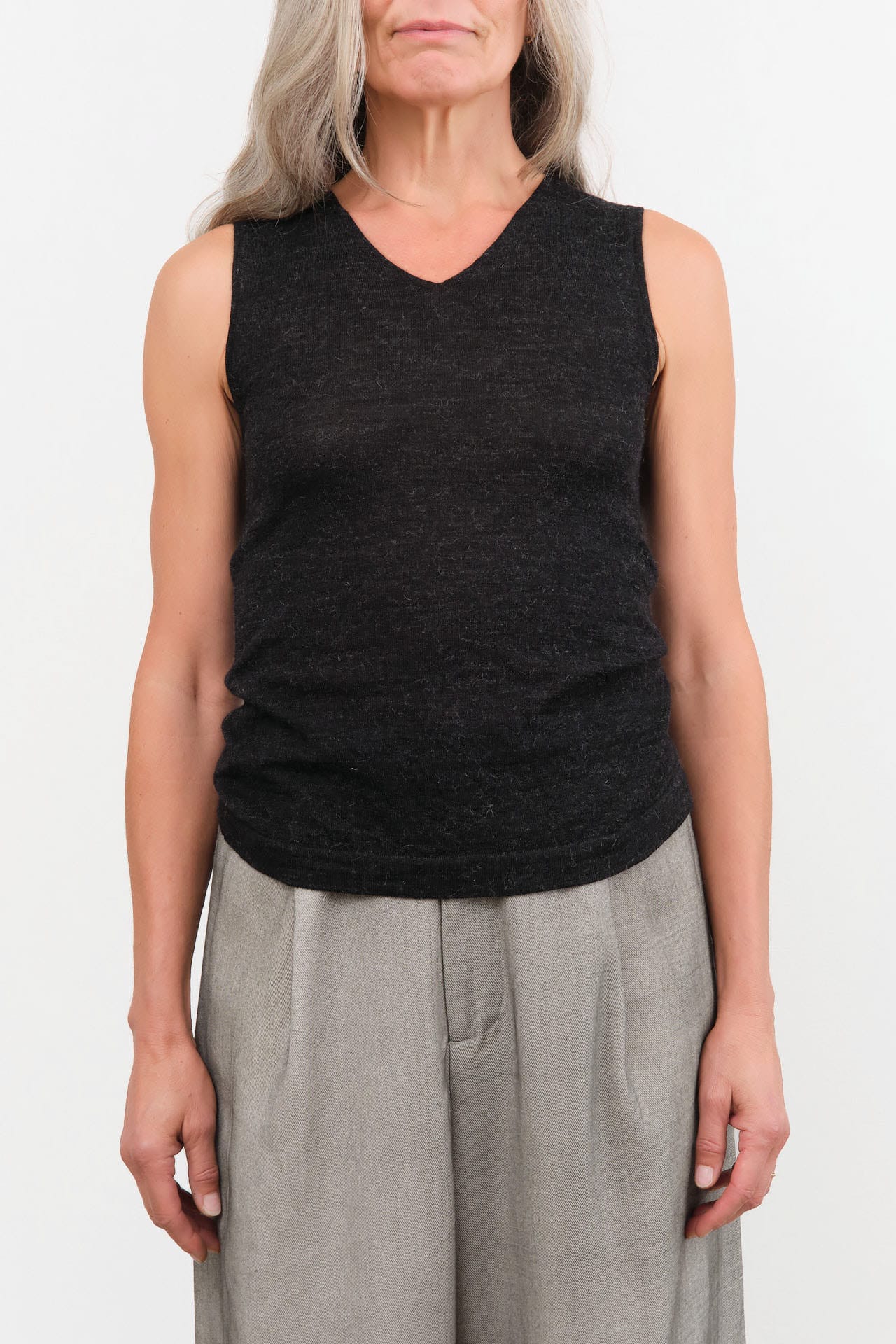 Lauren Manoogian Apparel Womens Sweaters Fine High V Shell in Black Melange