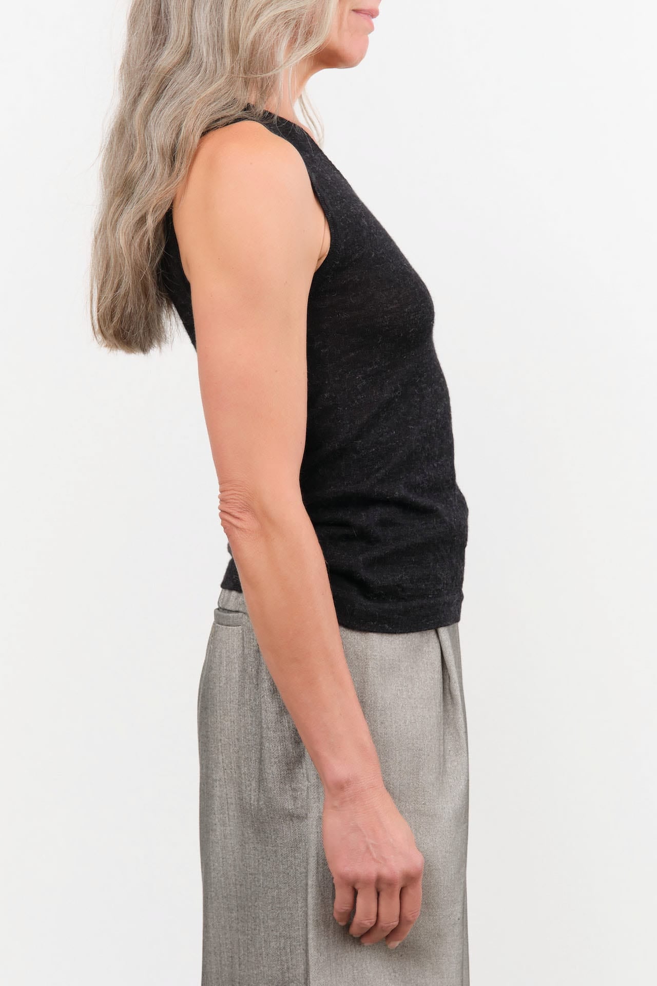 Lauren Manoogian Apparel Womens Sweaters Fine High V Shell in Black Melange