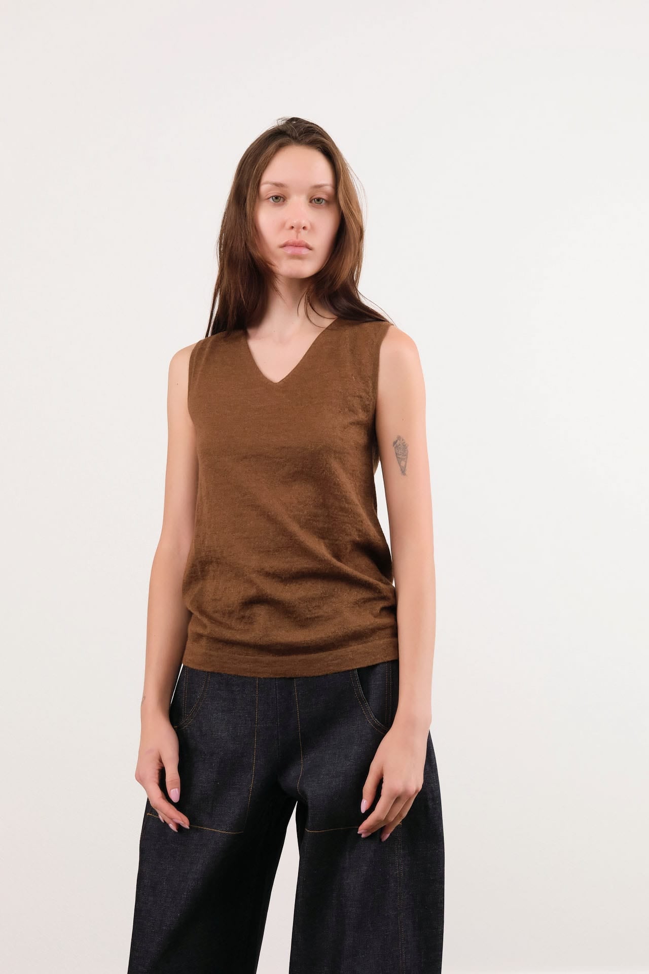 Lauren Manoogian Apparel Womens Sweaters Fine High V Shell in Rust