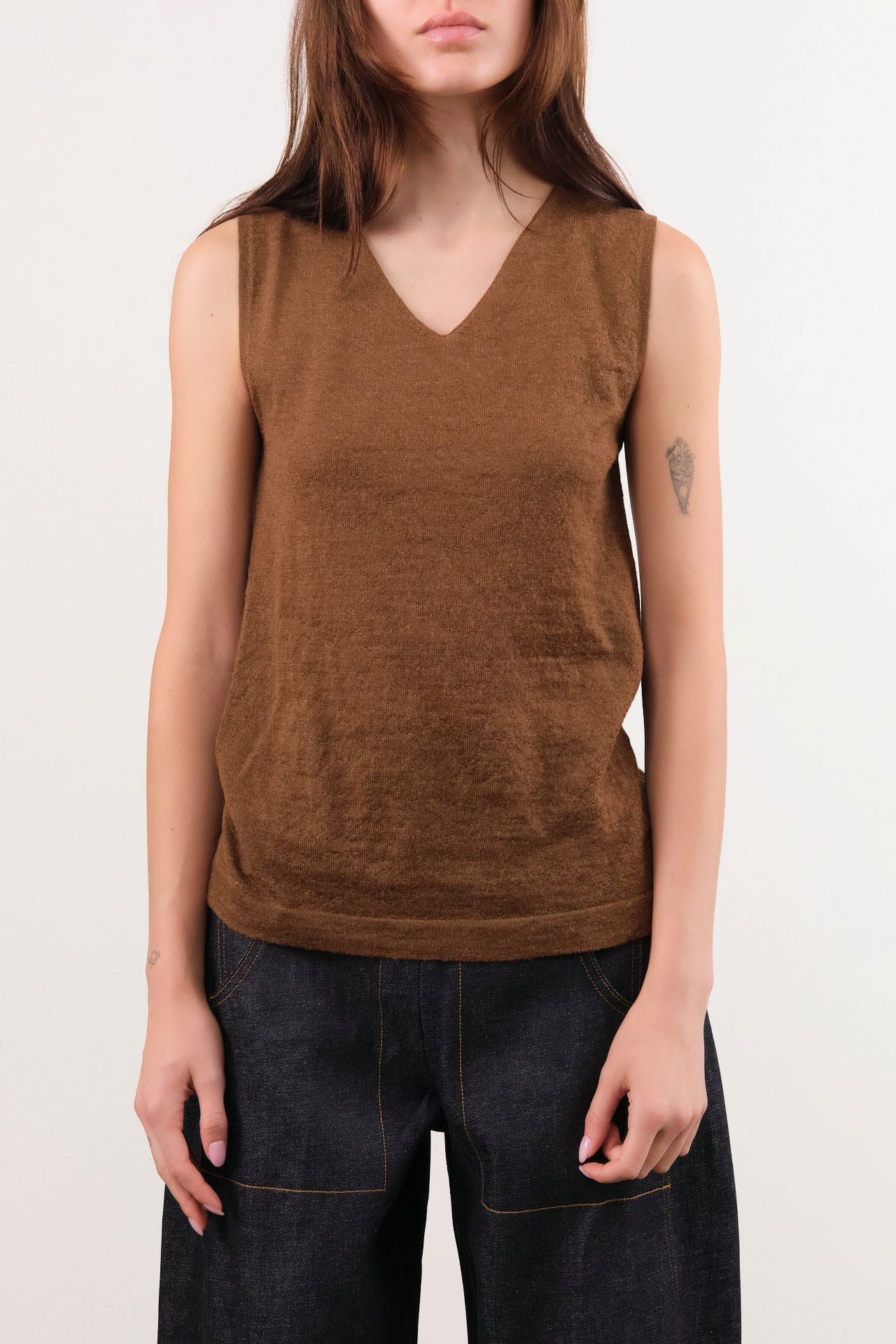 Lauren Manoogian Apparel Womens Sweaters Fine High V Shell in Rust