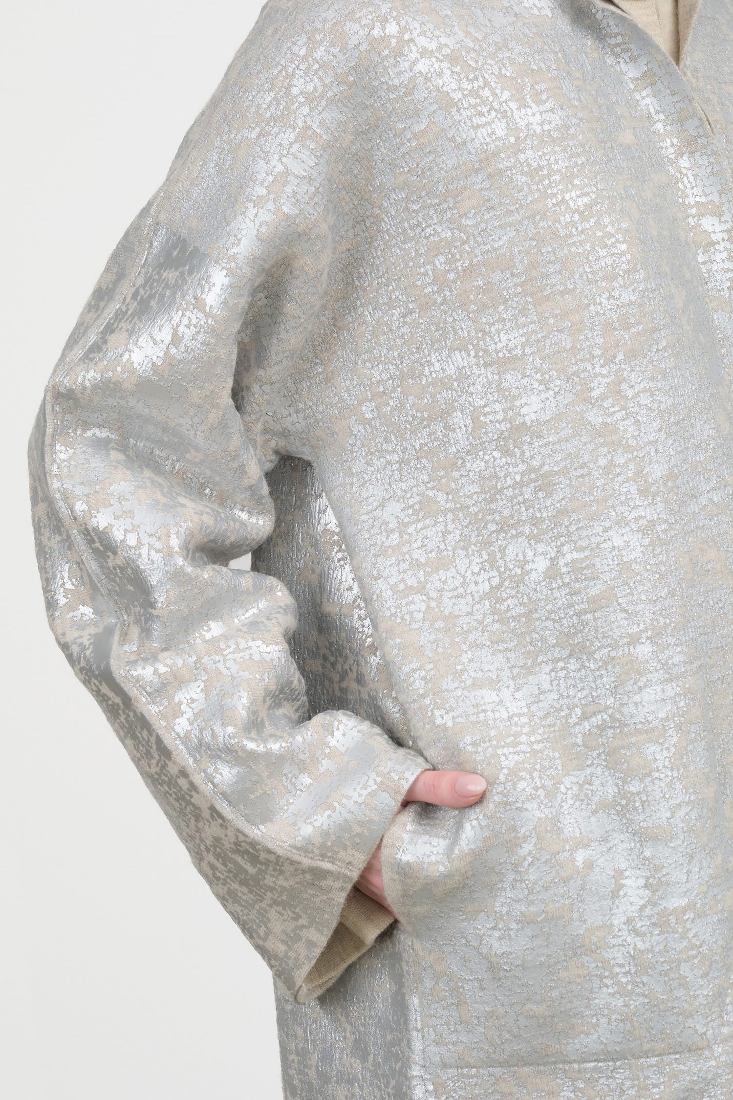 Long Foil Car Button up Trench Coat in Metallic Silver by Lauren Manoogian Designer Brand 