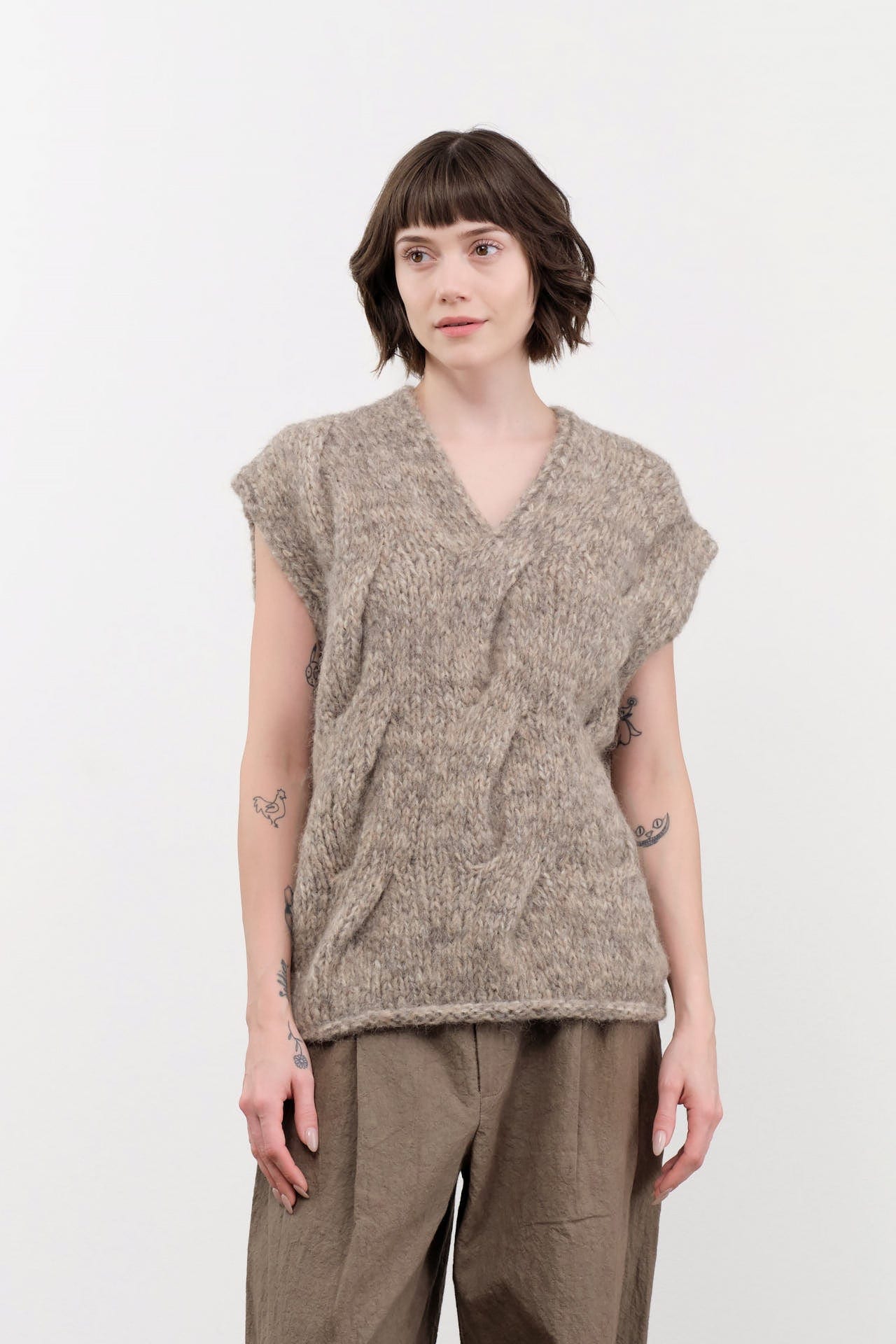Lauren Manoogian Apparel Womens Sweaters Handknit Cable Vest Marl / One Size