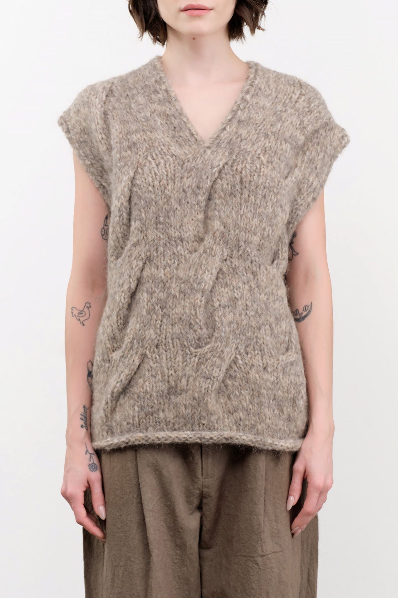 Lauren Manoogian Apparel Womens Sweaters Handknit Cable Vest Marl / One Size