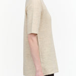 Lauren Manoogian Designer Brand Line Quilt Short Sleeve Sweater Tee in Ecru Tan White Wool 