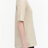 Lauren Manoogian Designer Brand Line Quilt Short Sleeve Sweater Tee in Ecru Tan White Wool 