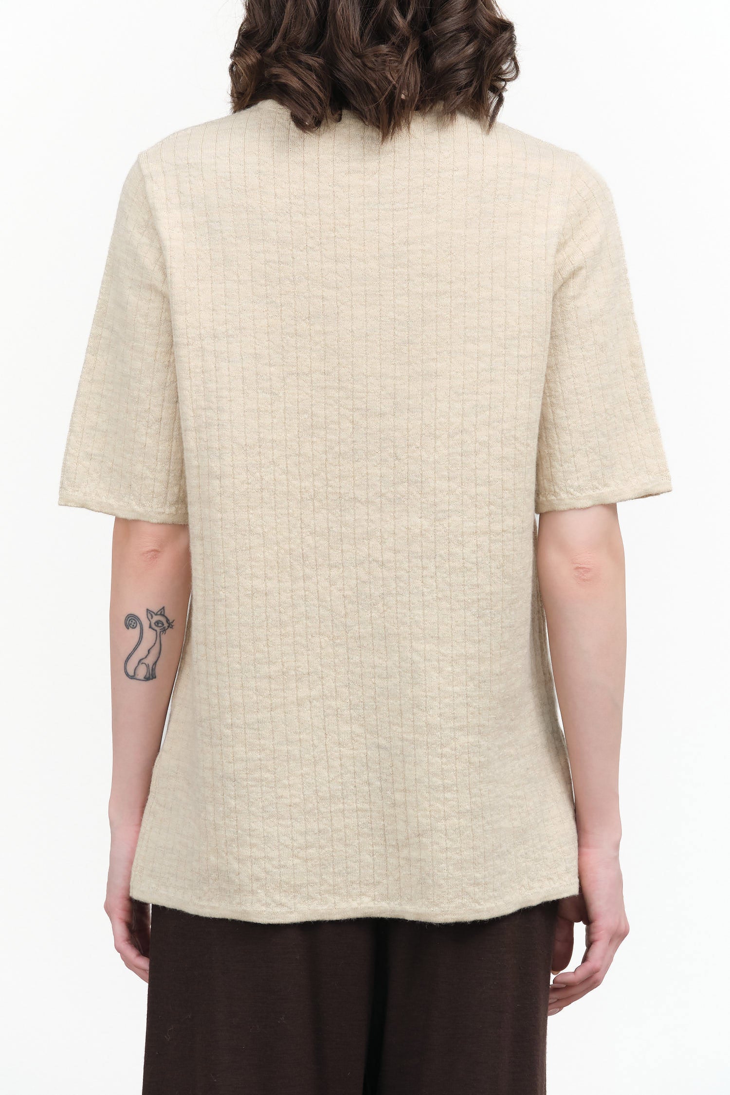 Line Quilt Short Sleeve Sweater Tee in Ecru Tan White Wool by Lauren Manoogian Designer Brand 