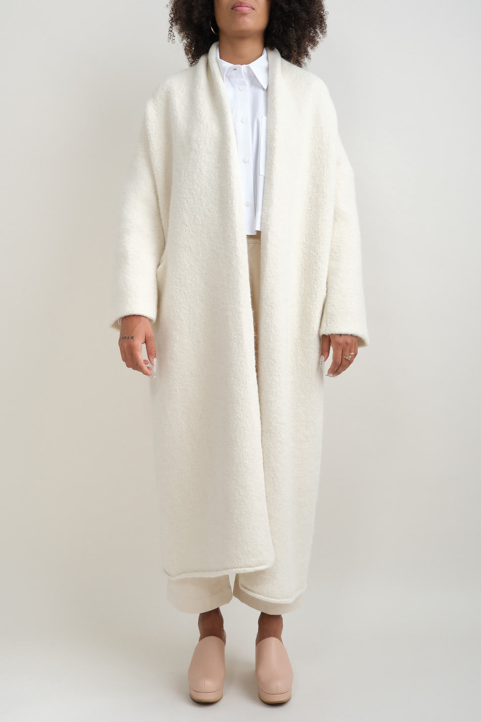 Front of Long Shawl Cardigan in Raw White