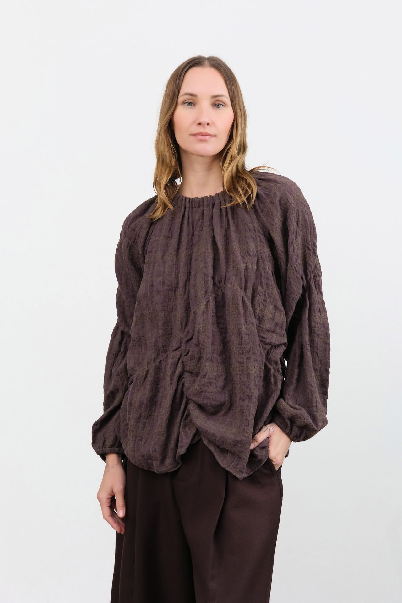 Lauren Manoogian Apparel Womens Blouses Plaid Shirred Top