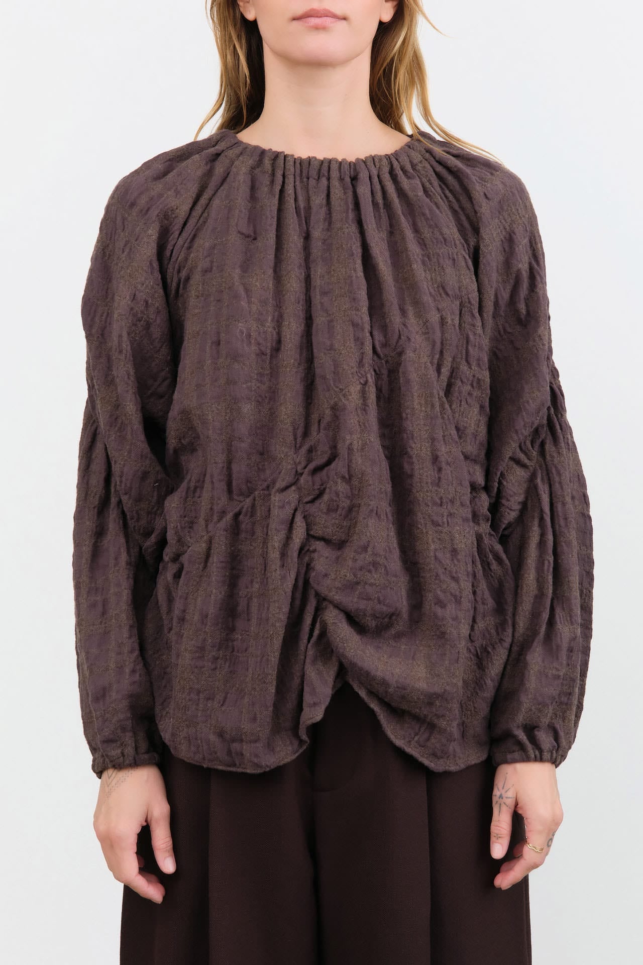 Lauren Manoogian Apparel Womens Blouses Plaid Shirred Top