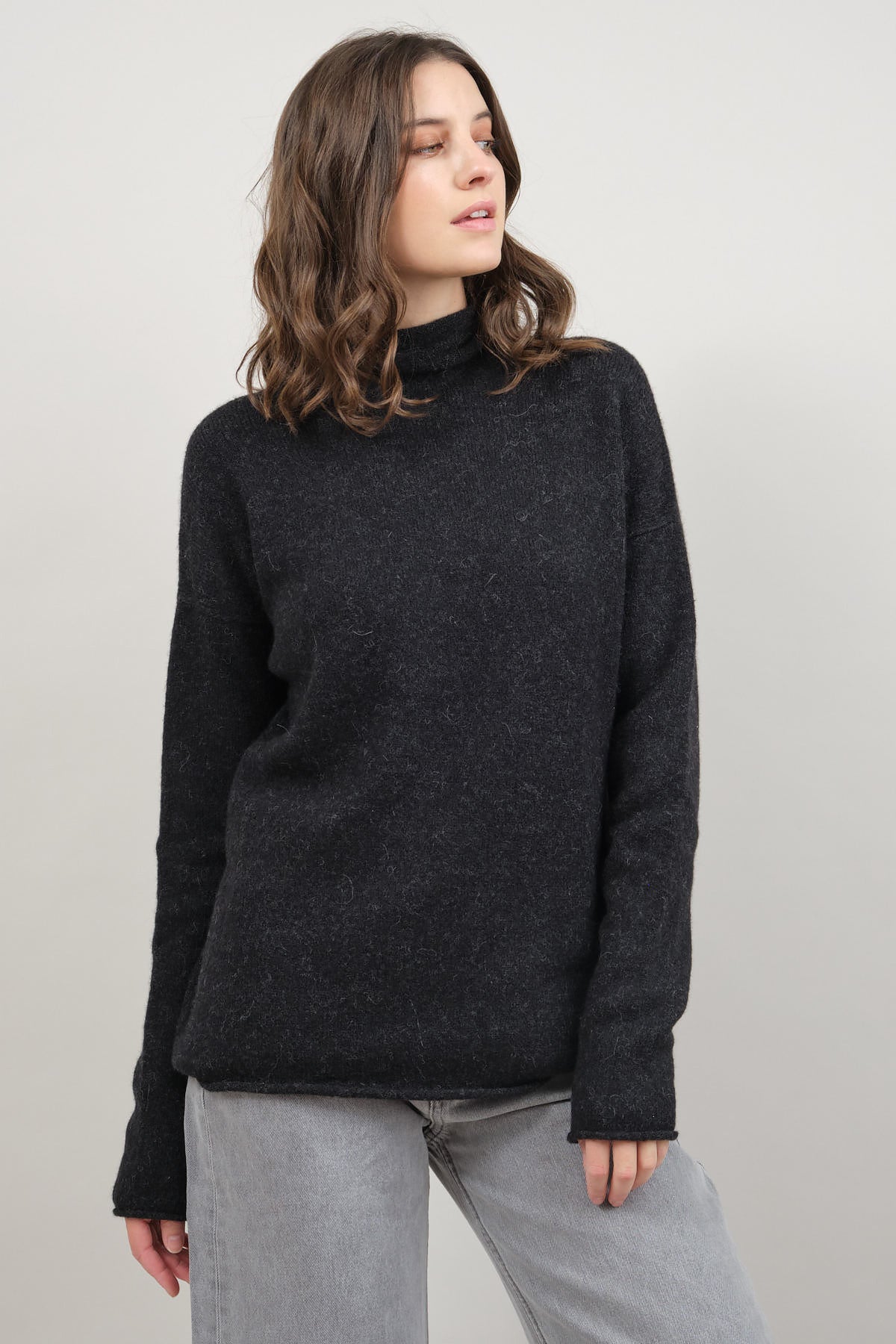 Soft Funnel Sweater in Black Melange