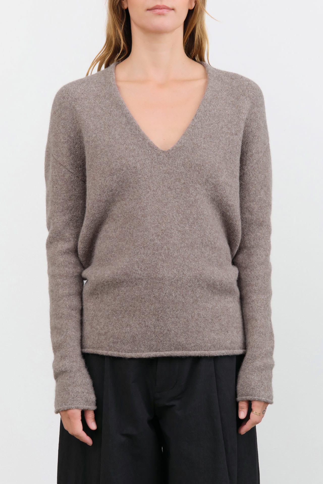 Lauren Manoogian Apparel Womens Sweaters Soft V Neck in Grey Melange