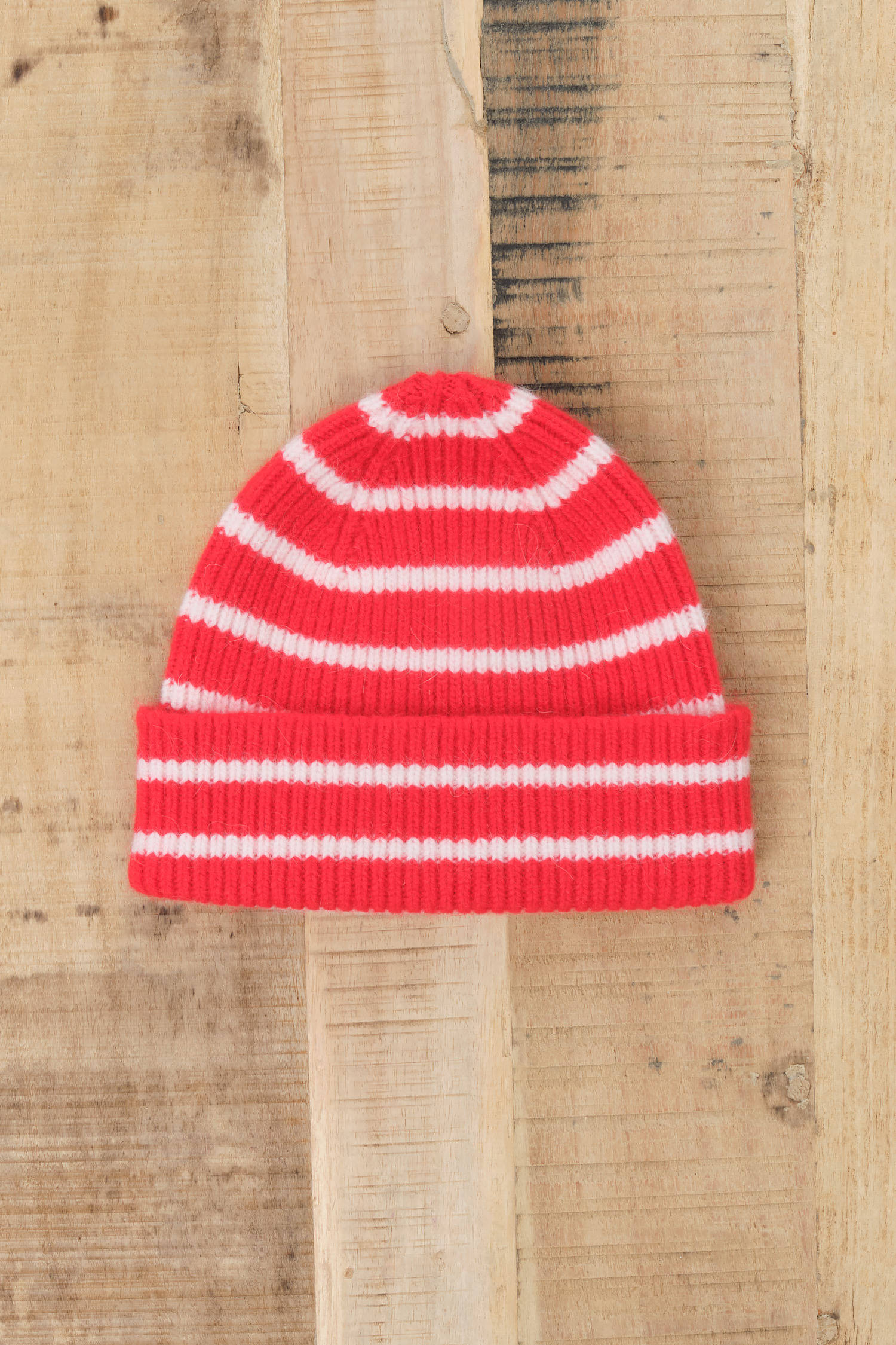 Le Bonnet Cashmere Beanie in Crimson Red Stripe 