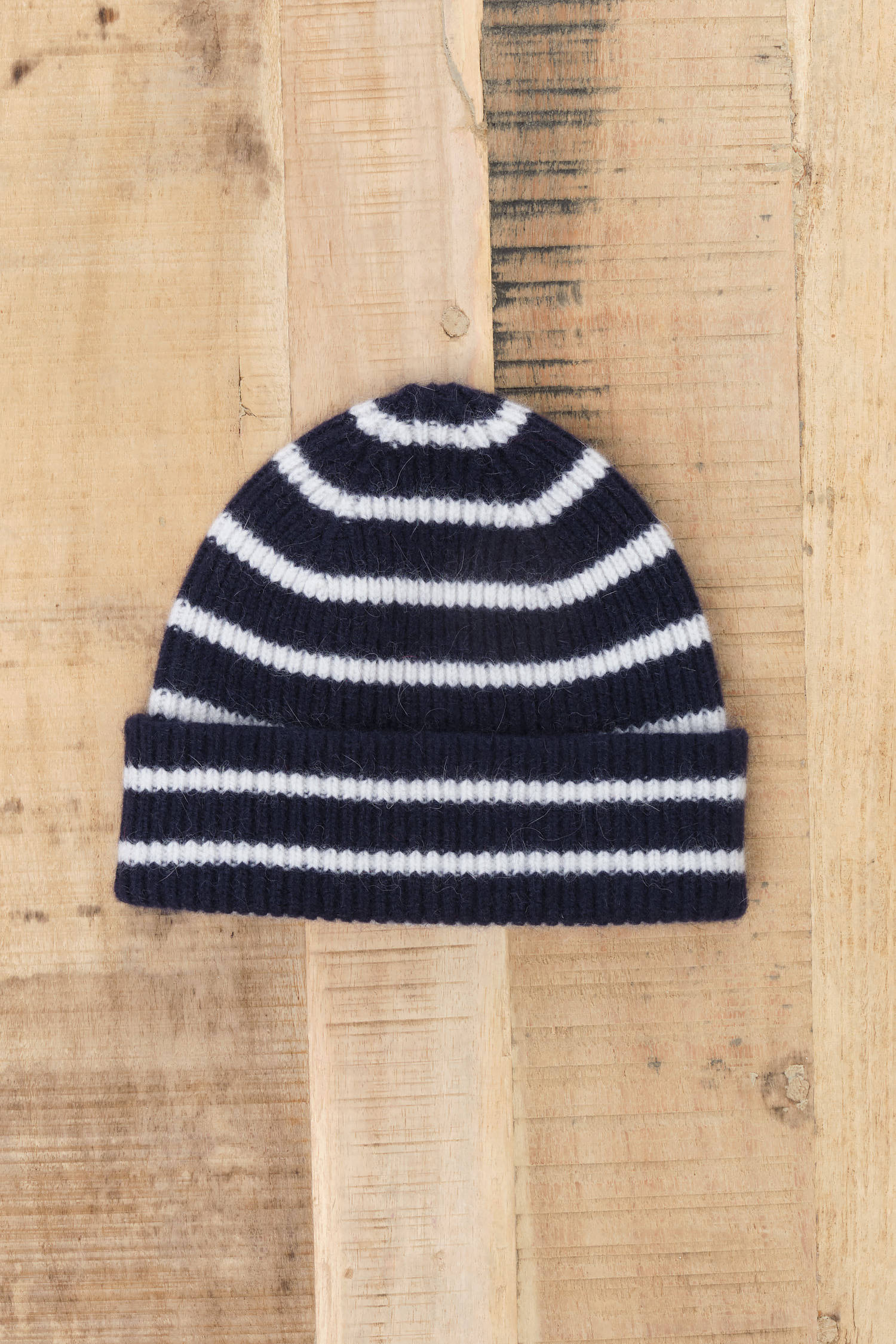 Le Bonnet Cashmere Beanie in Midnight Blue and White Stripe