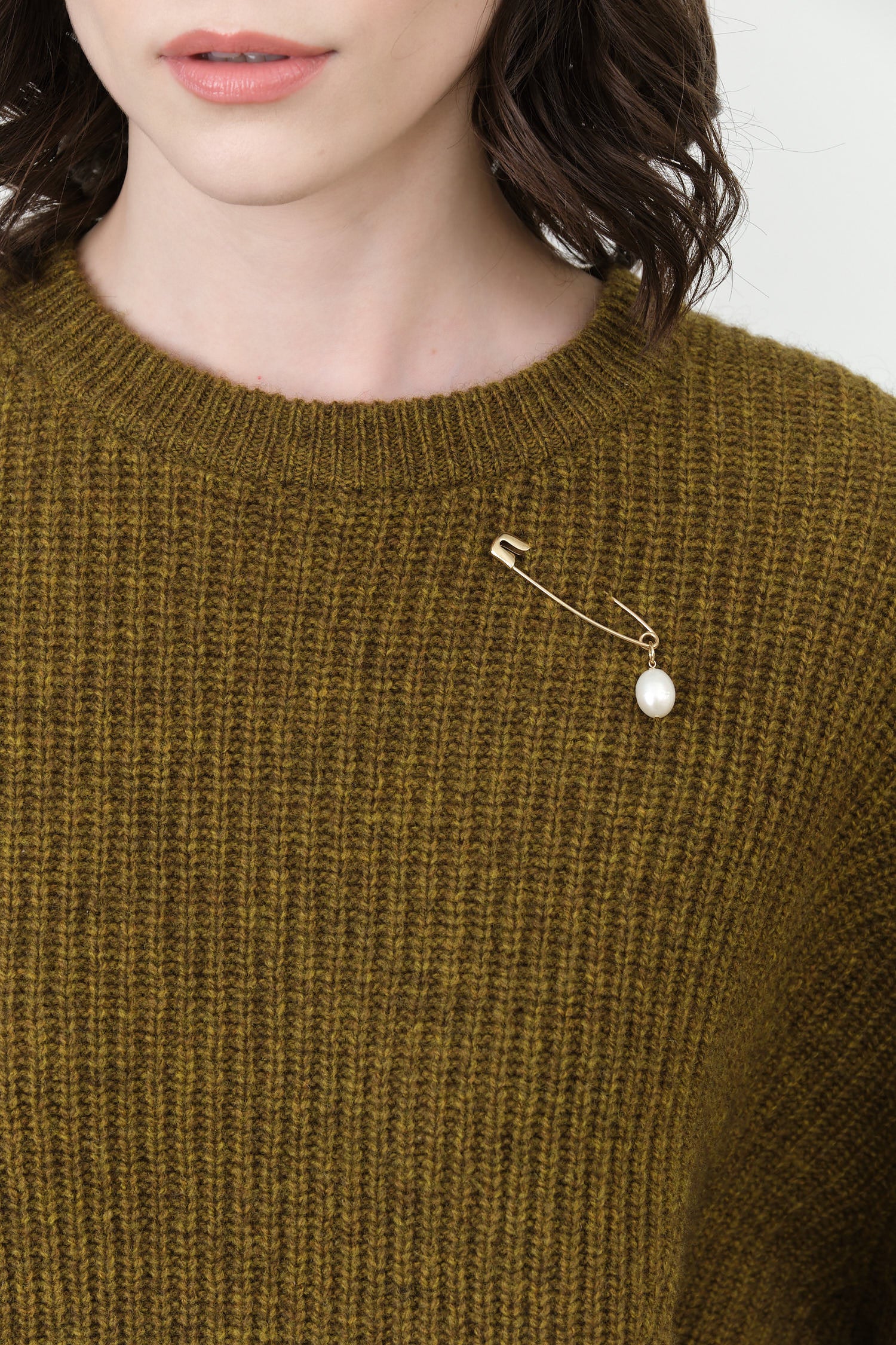 Loren Stewart Pearl Safety Pin Brooch in 14K Gold