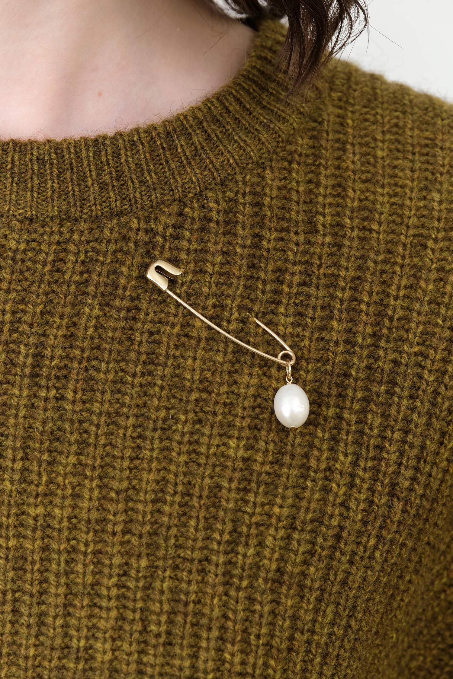 Pearl Safety Pin Brooch by Loren Stewart in 14K Gold