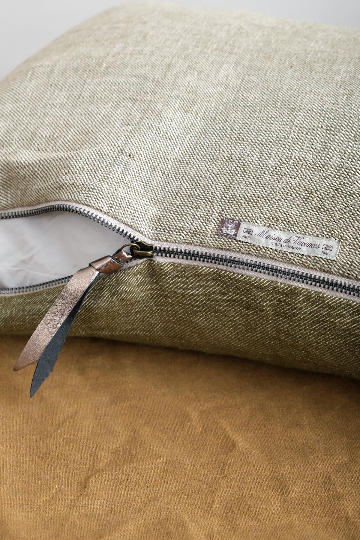 Linen Vice Versa Cushion in Kaki with zipper closure