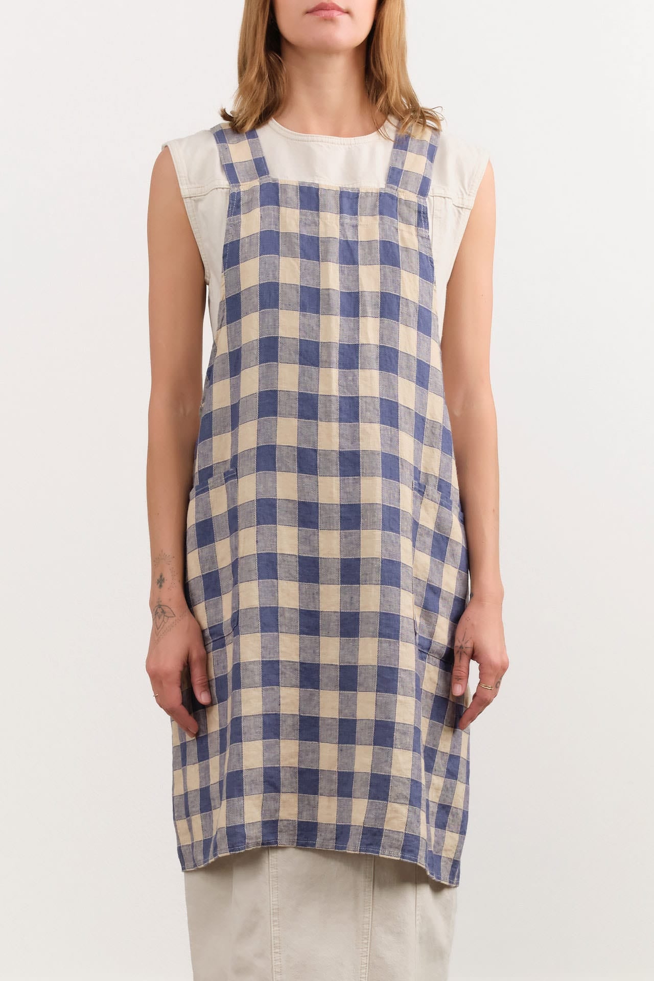 Maison De Vacances Home Kitchen Aprons Canvas Vintage Vichy Apron in Bleu de Delft Bleu de Delft / 35.5" X 31.5"