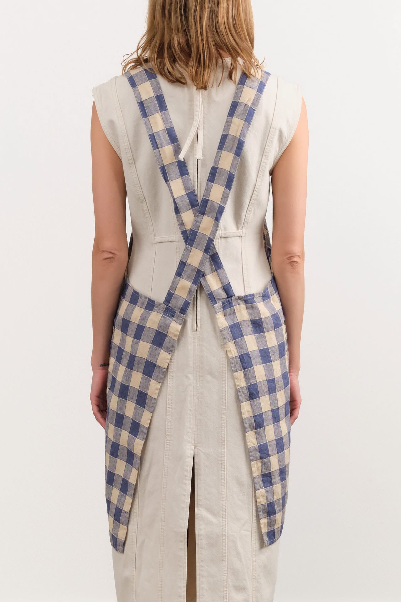 Maison De Vacances Home Kitchen Aprons Canvas Vintage Vichy Apron in Bleu de Delft Bleu de Delft / 35.5" X 31.5"