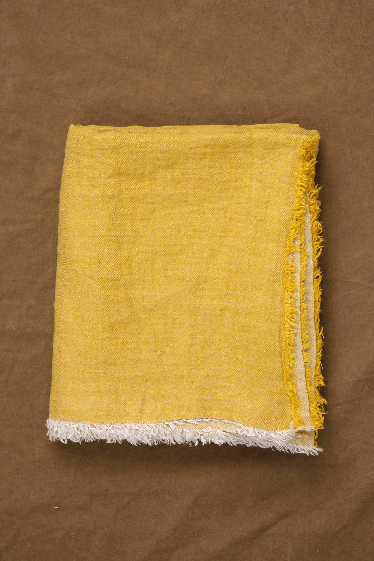 Maison De Vacances Home Throws Crumpled Washed Linen Vice Versa Fringed Throw in Ocre Ocre/Givre / 55" x 98.5"