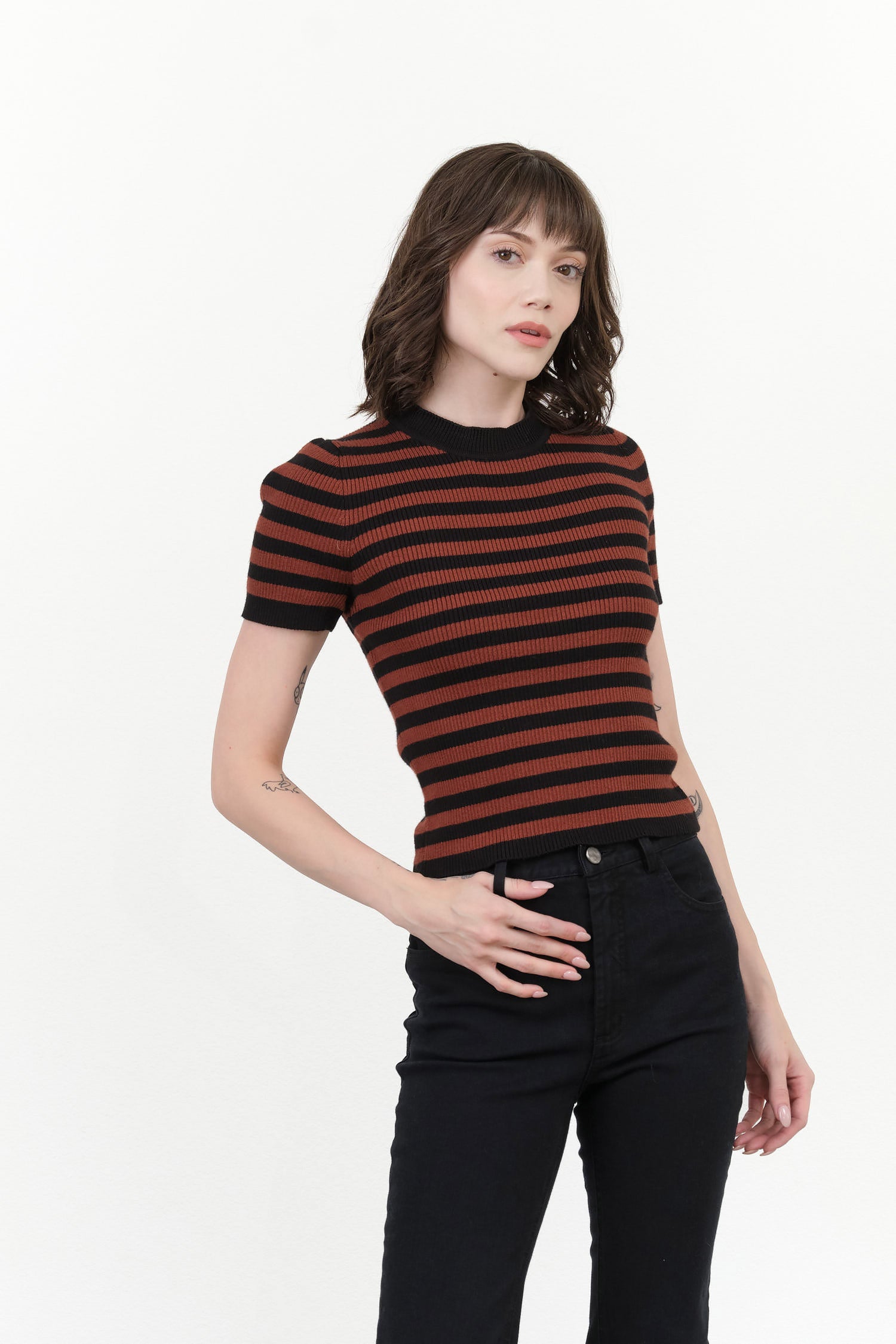 Maria Stanley Jones Ribbed Tee in Cacao Stripes