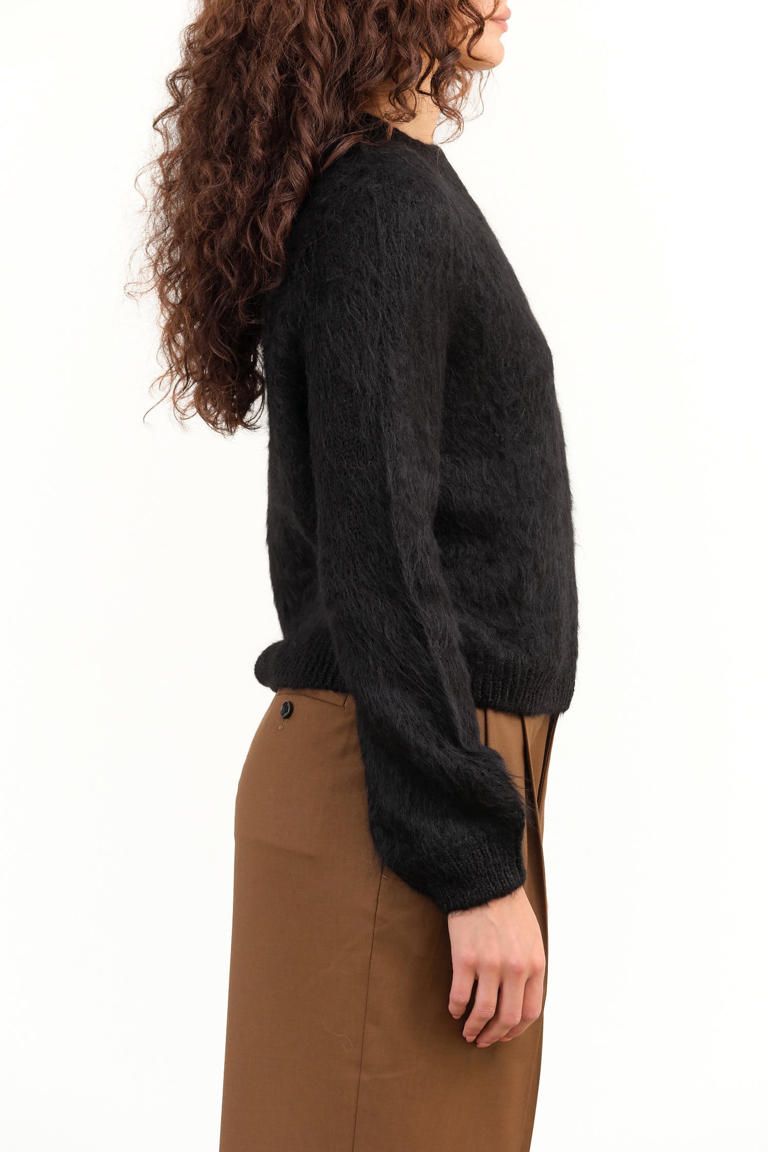 Maria Stanley Brand Long Sleeve Crewneck Ryan Pullover Sweater in Noir Black Felted Wool 