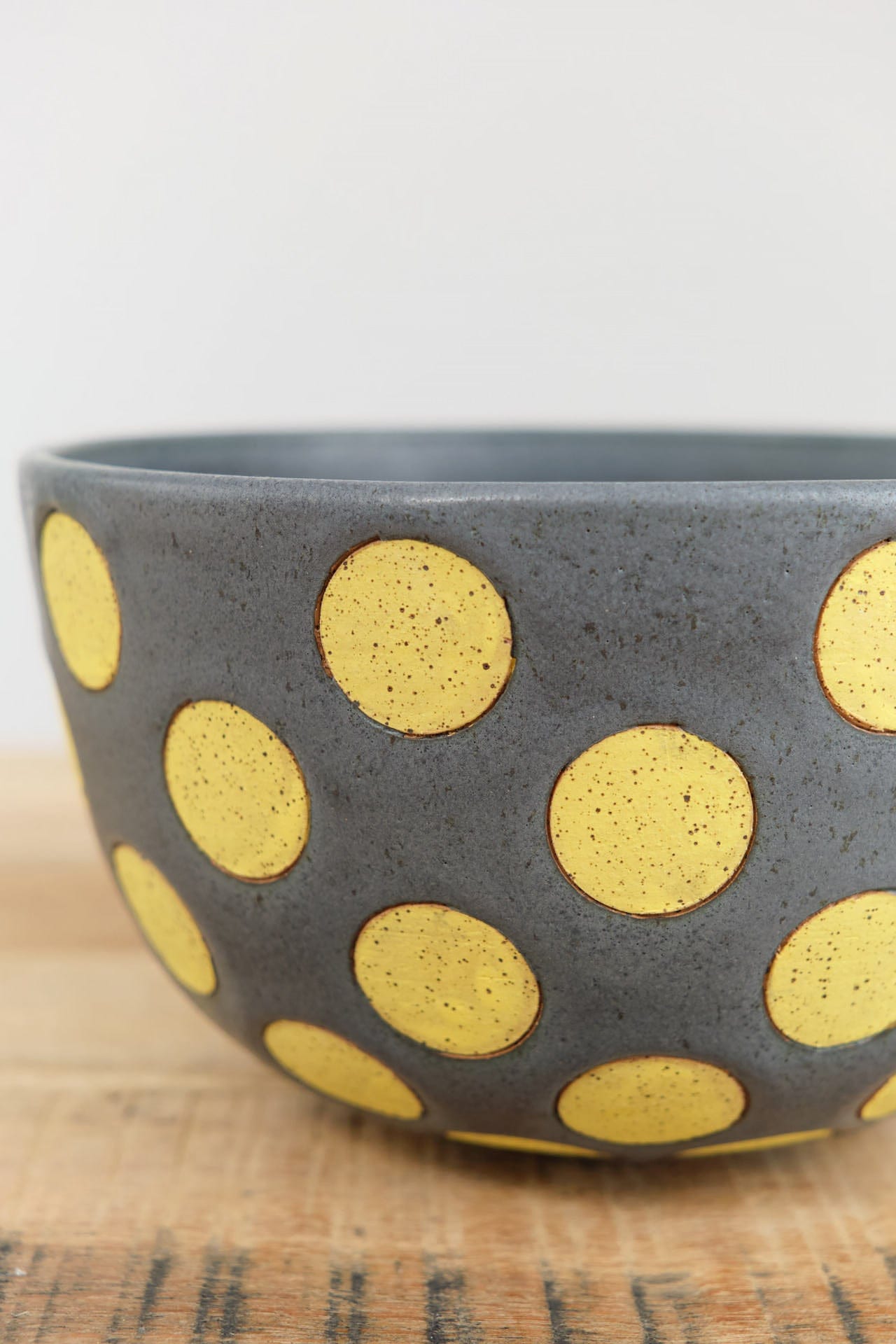 Matthew Ward Studio Art Ceramics Polka Dots Bowl Slate and Yellow