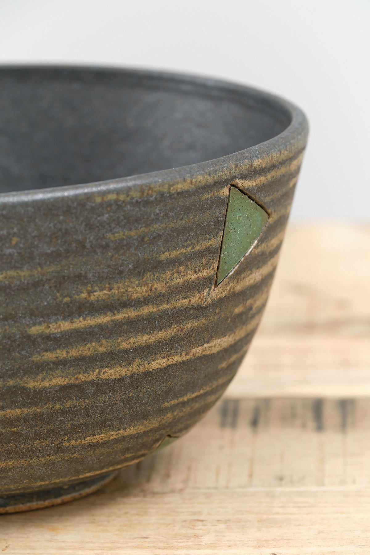 Matthew Ward Studio Handmade Ceramics Striped Directional Bowl in Blue Green with Stripes and Triangles