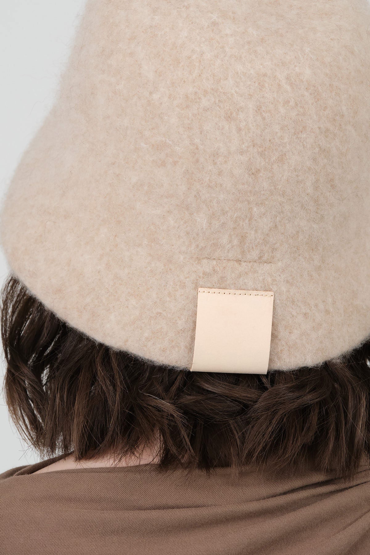 Mature Ha Designer Bell Hat in Camel Natural Brown Wool with Leather Tab