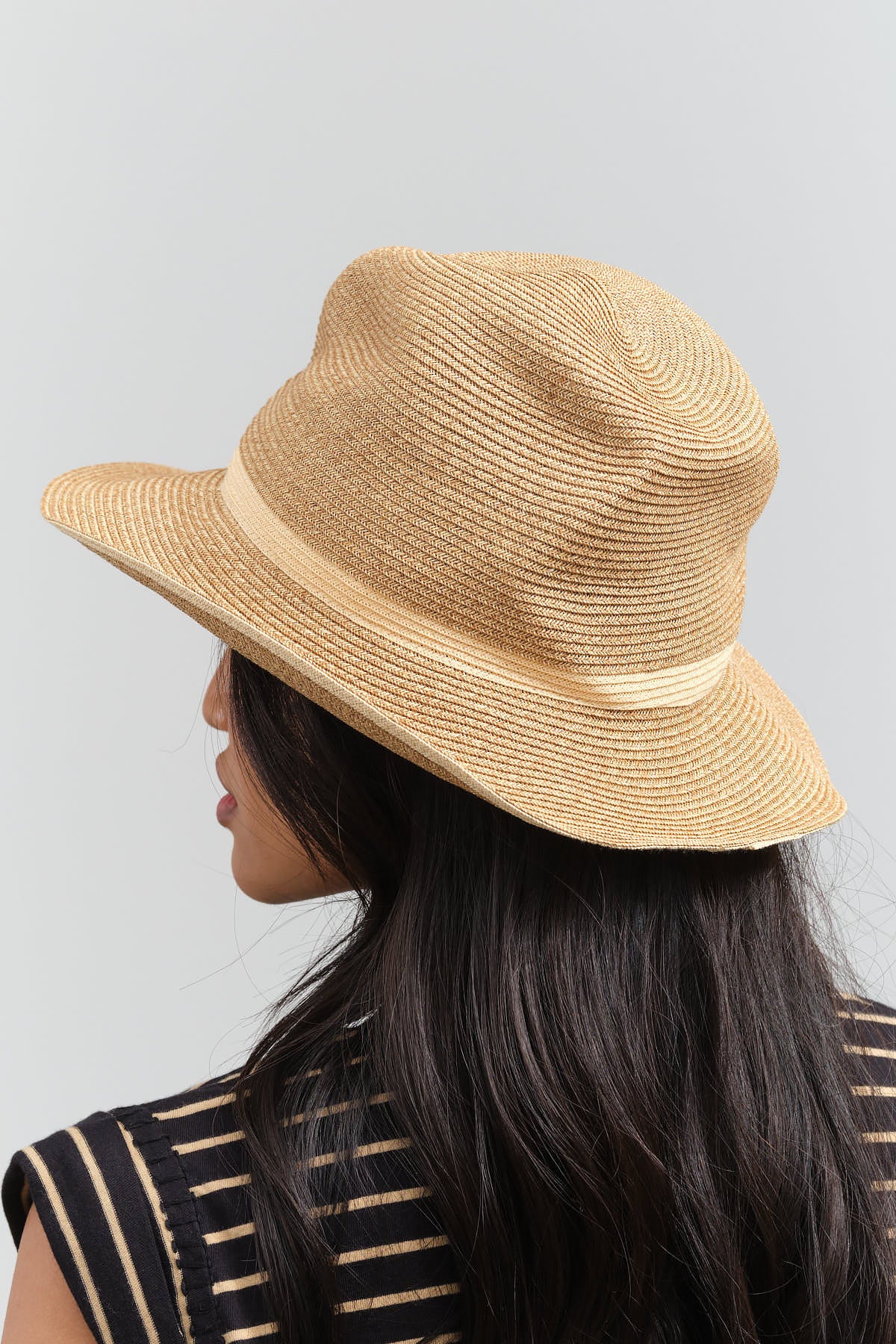 Back view of Boxed Hat with Switch Brim in Beige
