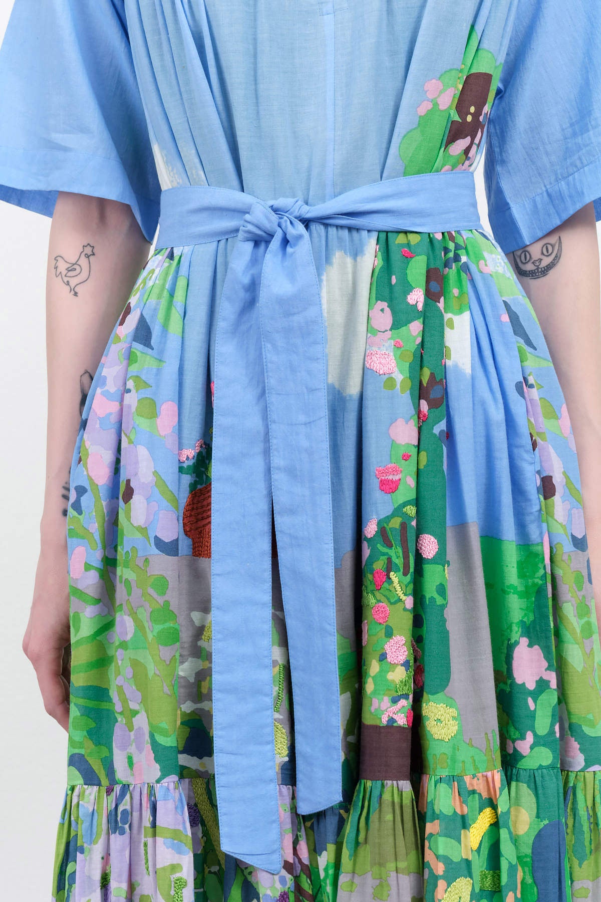 Long Tiered Michelle Dress with Tie Belt in Landscape Print by Mii