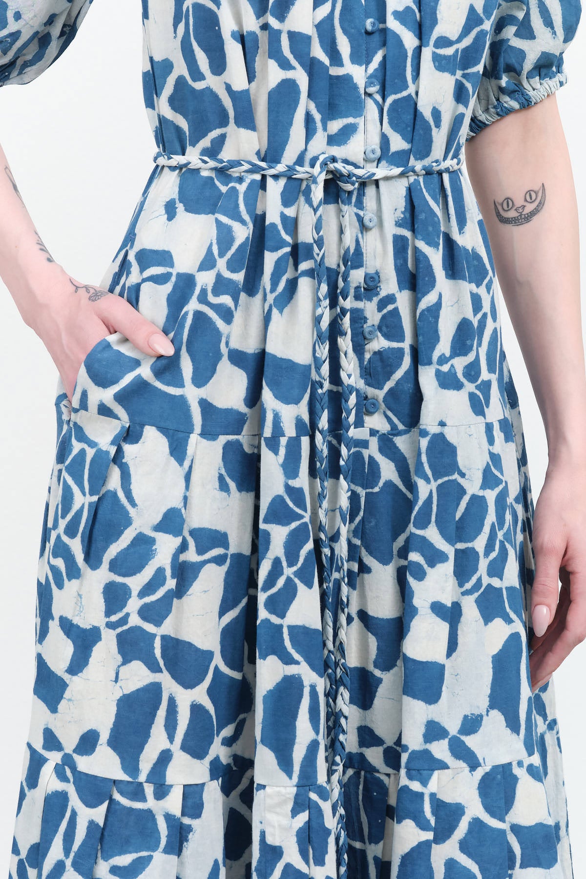 Mirth Capri Dress with Pockets and Braided Belt in Indigo Crackle