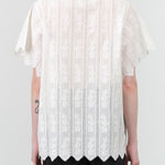 White Vine Eyelet Cutout Short Sleeve Harbour Blouse with Scalloped Edges by Mirth