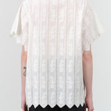 White Vine Eyelet Cutout Short Sleeve Harbour Blouse with Scalloped Edges by Mirth