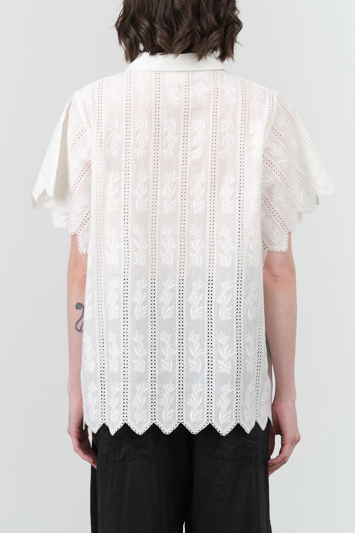 White Vine Eyelet Cutout Short Sleeve Harbour Blouse with Scalloped Edges by Mirth