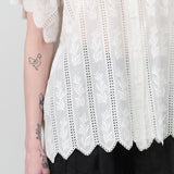 Short Sleeve Button Up Collar Harbour Blouse by Mirth in White Vine Eyelet Cutout