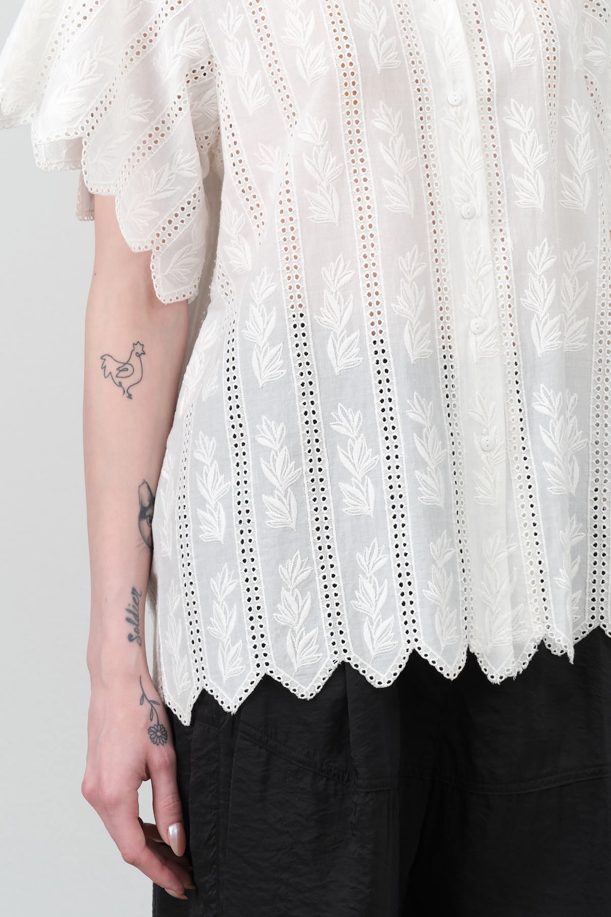 Short Sleeve Button Up Collar Harbour Blouse by Mirth in White Vine Eyelet Cutout